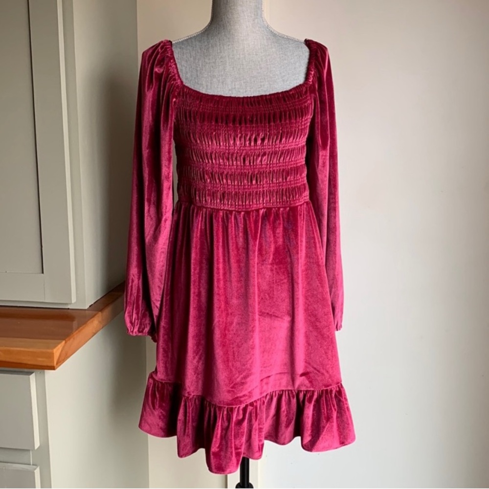LC Lauren Conrad Raspberry Smocked Velvet Dress - Picture 4 of 8